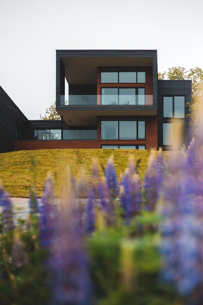 Contemporary house with a sleek facade and garden view, ideal for architecture enthusiasts.
